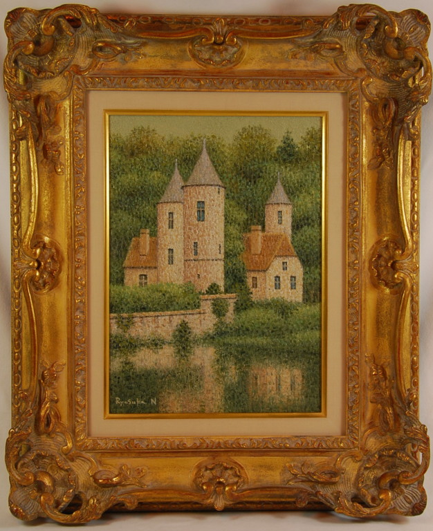 西村龍介の古城絵画 点描油絵・水辺静日／オール堂