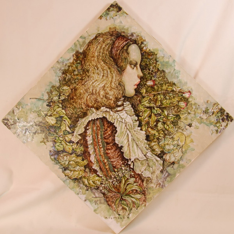 石阪春生の油彩画 山桃の葉と枯れたばら（女のいる風景） ／オール堂