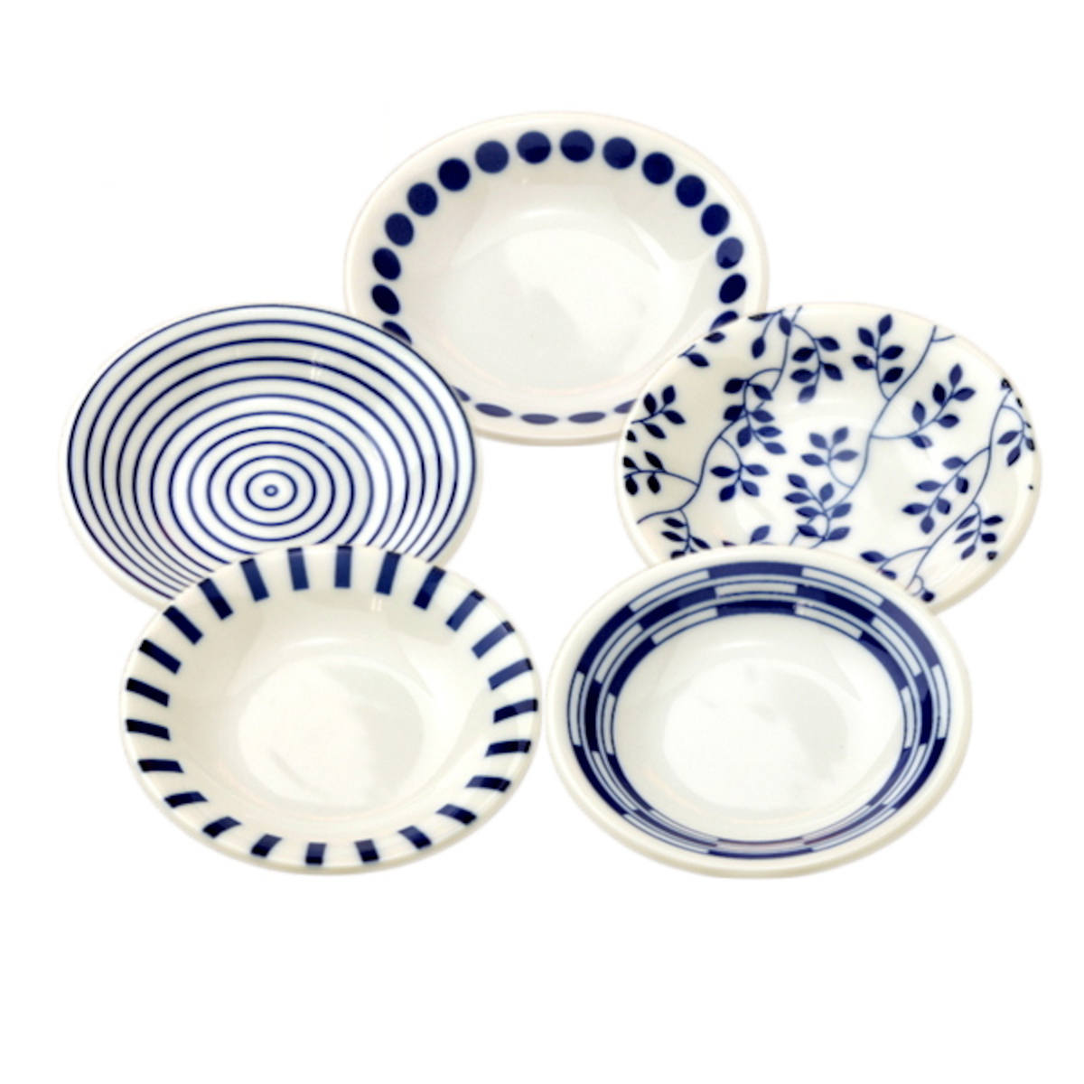 群青5柄 豆皿 しゅうゆ皿 小皿 5枚セット 水玉/渦/リーフ/十草/市松