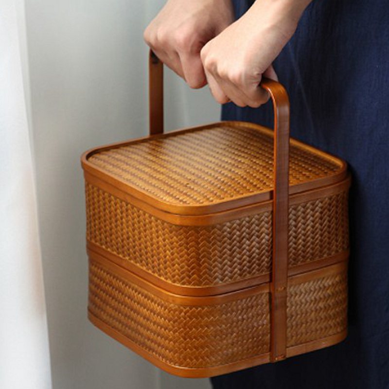 自然素材にこだわったかご 竹 かご ハンドル付き 二段 重箱 四角 漆