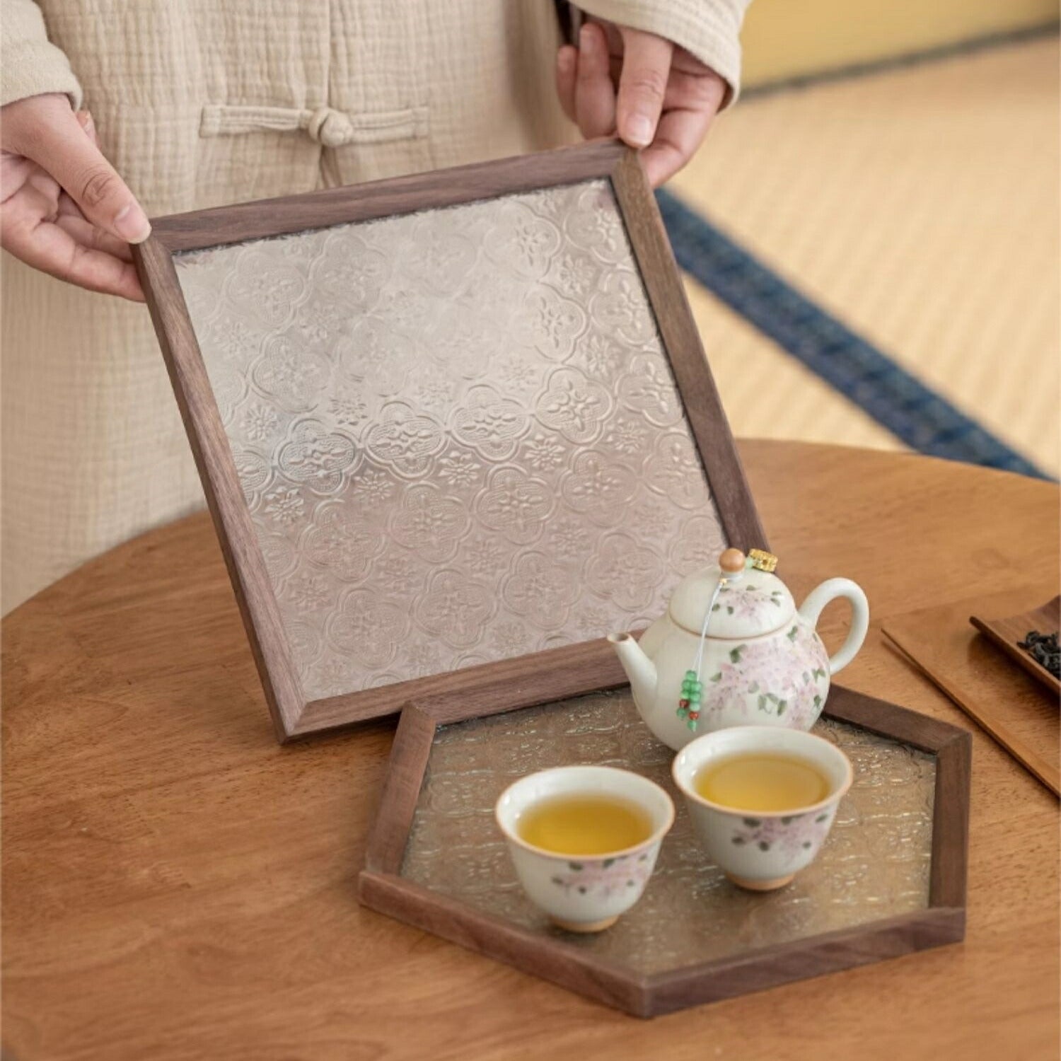 IwaiLoft 花海堂柄 トレー トレイ ガラス 盛器 お皿 小皿 豆皿 角型 正