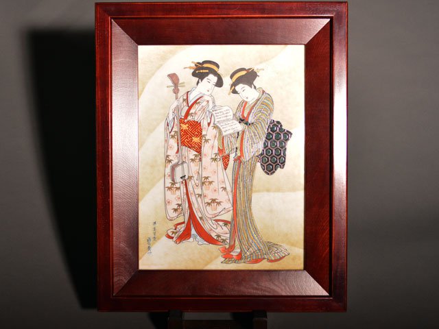 献上手古伊万里焼】陶額 染錦本金元禄美人浮世絵図