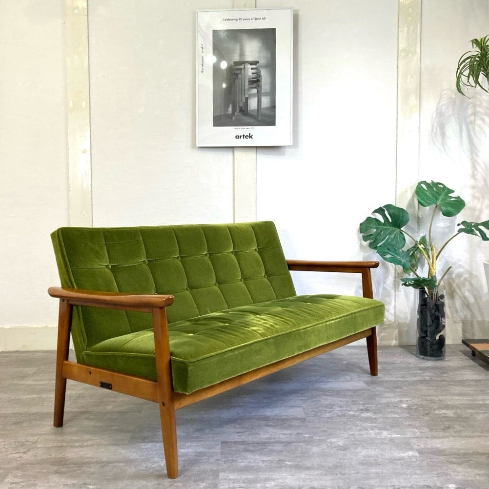 カリモク60 Kチェア 2シーターソファ モケットグリーン 中古 緑 レトロ
