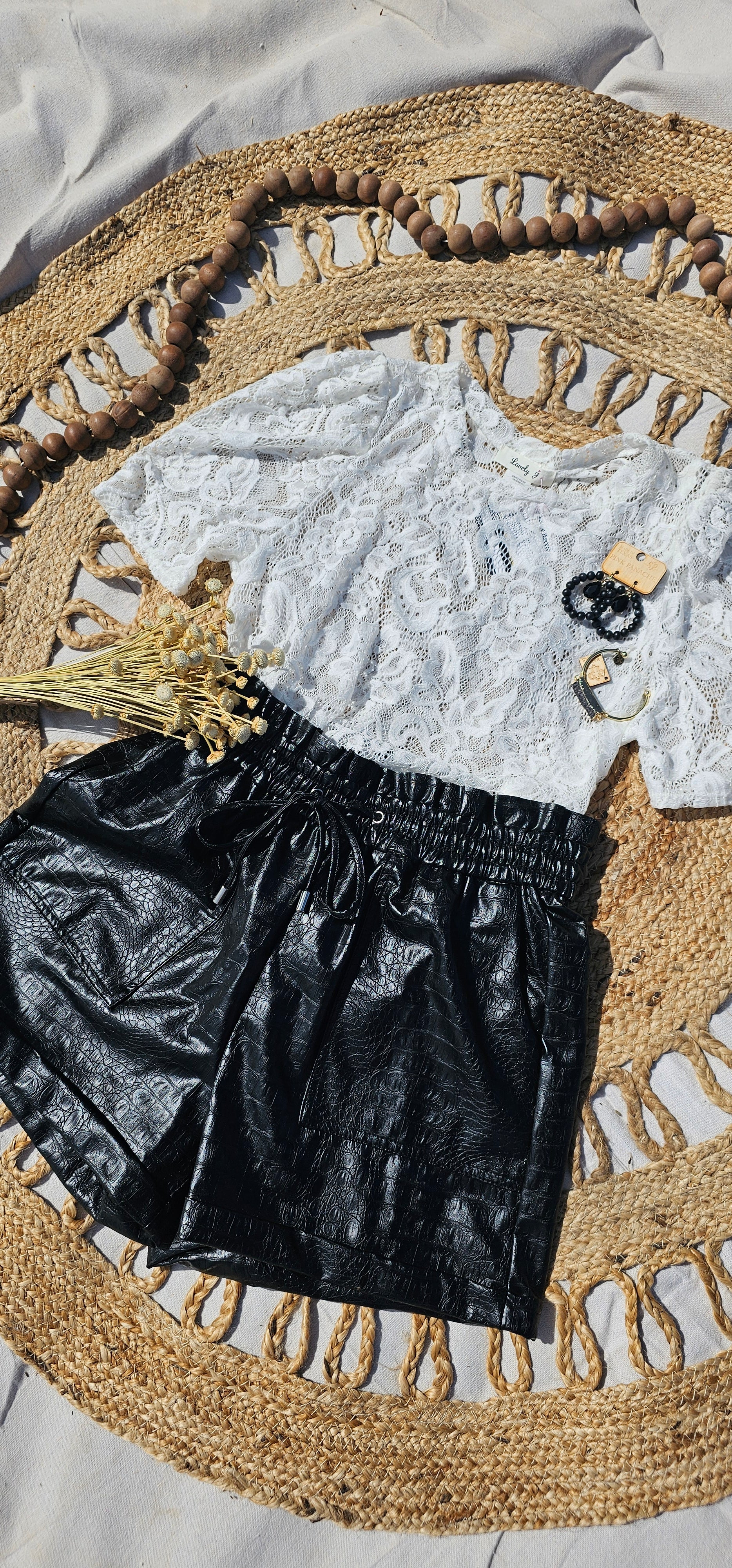 Black Vegan Leather Paper Bag Shorts, Elastic Waistline, Zenana