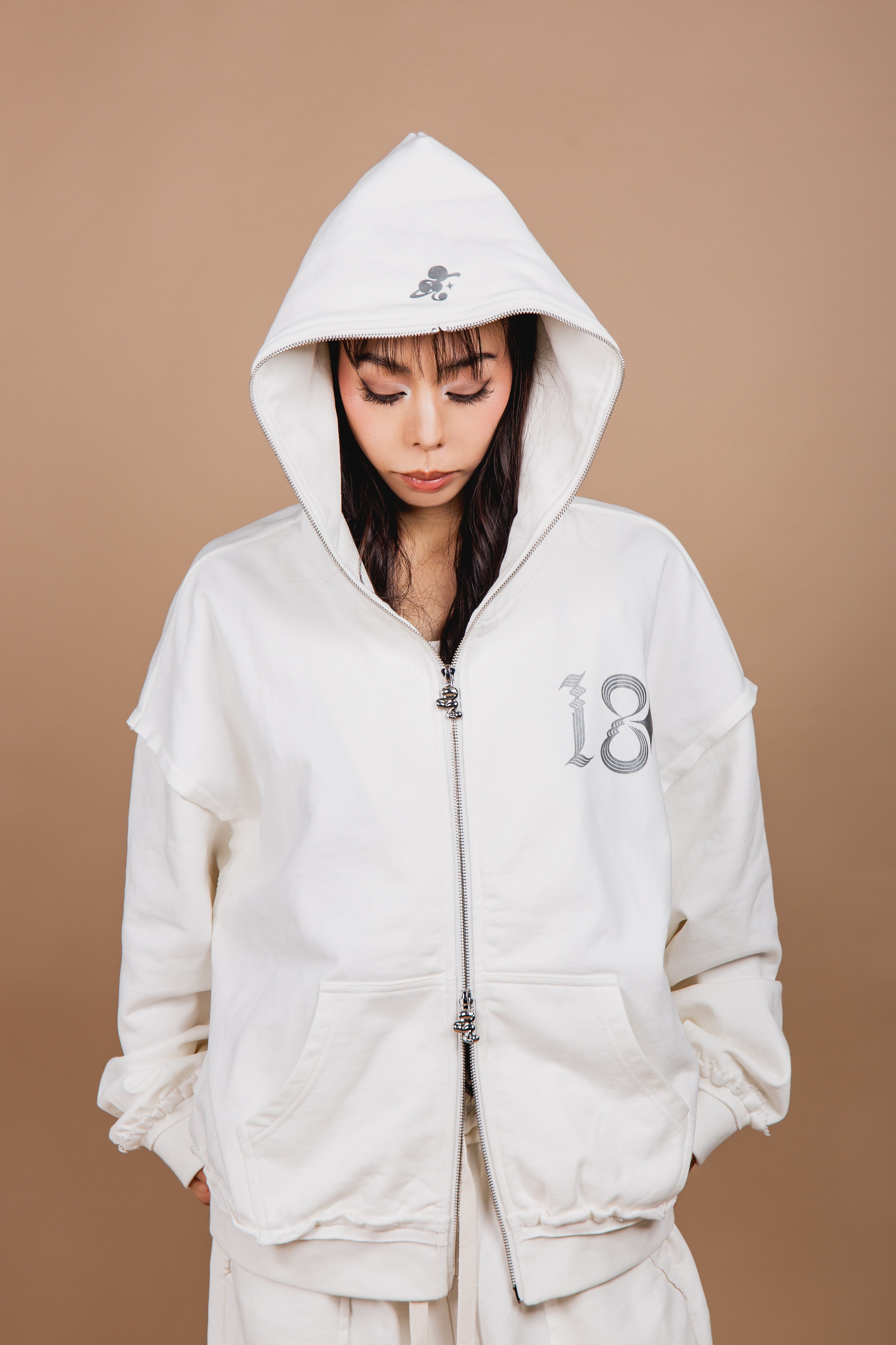 WASHED DOUBLE ZIP HOODIE white – 1818