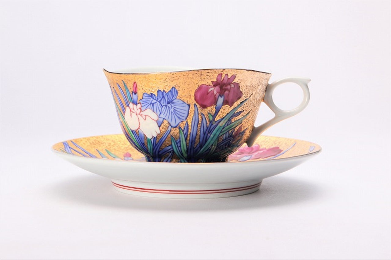 カフェ用品 「コーヒー碗 金彩 菖蒲 木箱付」 金龍窯 江口天童 有田焼