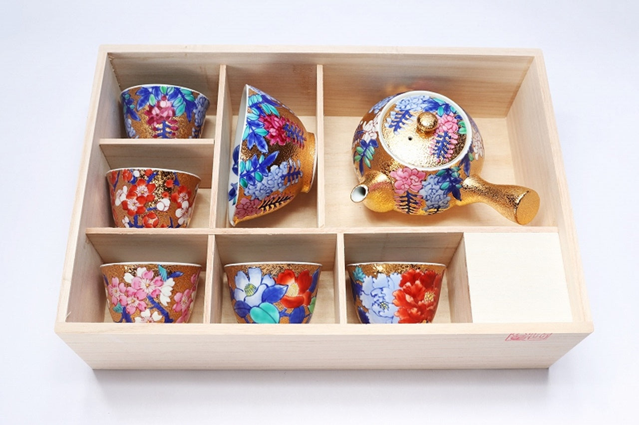 ティー用品 「茶器セット 金彩 藤 木箱付」 金龍窯 江口天童 有田焼
