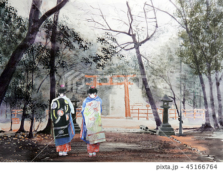 下鴨神社 糺の森 舞妓さん 京都観光 スケッチのイラスト素材 [45166764