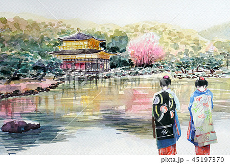 金閣寺のスケッチ 世界遺産 舞妓さん 金閣寺 京都観光 水彩画の