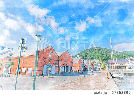 北海道の夏 函館 早朝の金森赤レンガ倉庫のイラスト素材 [57862899