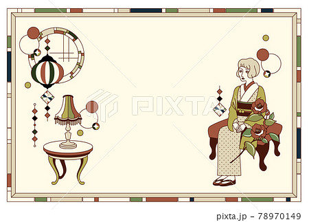 着物の女性とレトロな丸窓のベクターフレームイラスト素材のイラスト