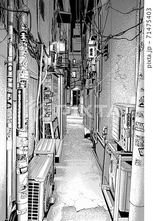 漫画風ペン画イラスト 繁華街_街並_トーンのイラスト素材 [71475403