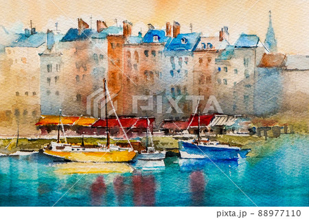フランスの港町 水彩画 風景画のイラスト素材 [88977110] - PIXTA