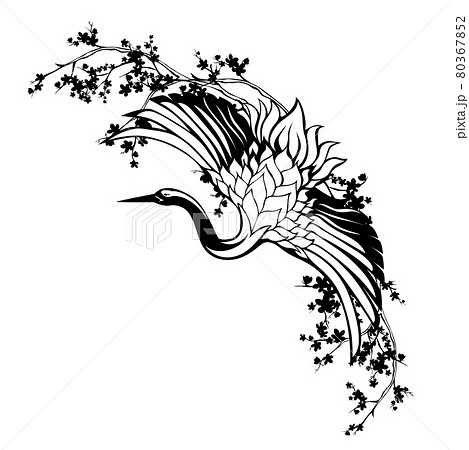 sakura branches and japanese crane bird withのイラスト素材