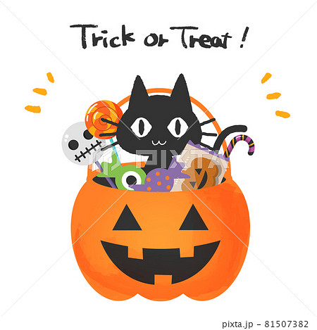ハロウィンのカボチャのバスケットに入っている黒猫とお菓子のイラスト