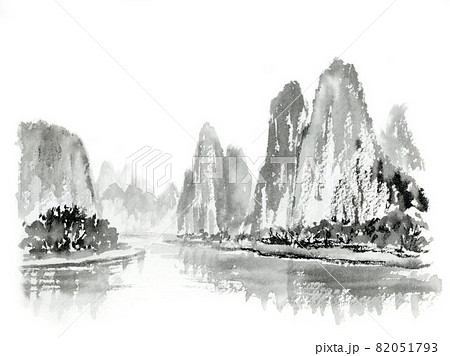 中国の山と湖の水墨画 山水画 墨絵のイラスト素材 [82051793] - PIXTA