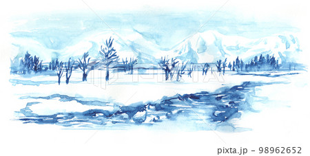 水彩で描いた川と雪景色の風景イラストのイラスト素材 [98962652] - PIXTA