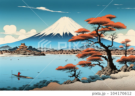 湖と富士山（浮世絵風）：AI生成画像のイラスト素材 [104170612] - PIXTA
