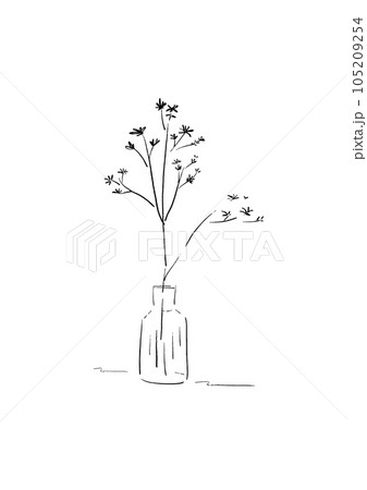 花瓶に活けた枝の白黒手書き線画イラストのイラスト素材 [105209254