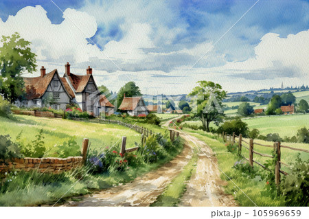 イギリスの長閑な田舎の風景のイラスト素材 [105969659] - PIXTA