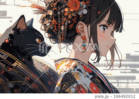 女の子と猫のイラスト,Generative AI AI画像のイラスト素材 [106492012