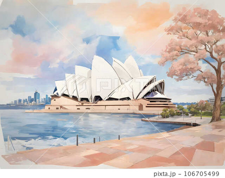 水彩画背景_世界旅行_オーストラリア_オペラハウス_01のイラスト素材