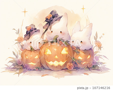 ハロウィンカボチャと可愛いウサギさん達のイラスト素材 [107146216