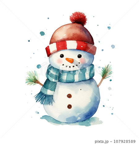 キュートな雪だるまの水彩イラスト 白背景 AI画像のイラスト素材