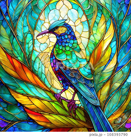 虹色の羽を広げた美しい鳥のステンドグラス風イラストのイラスト素材