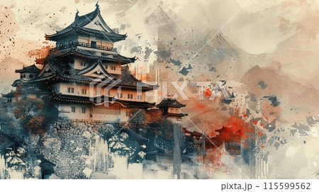 夕暮れ時の壮大な水墨画風の日本の城、テキストスペースのイラスト素材