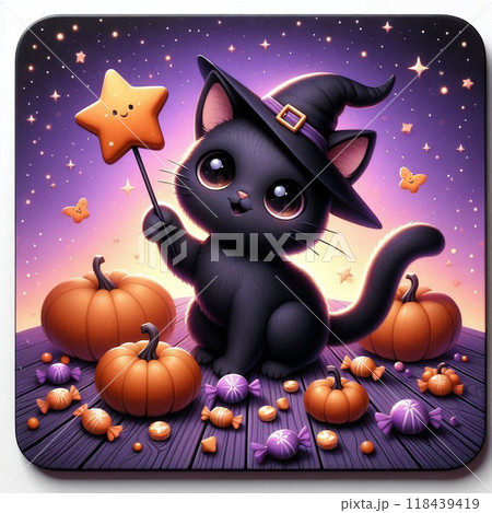 かわいい黒猫とハロウィンの星キャンディのイラスト素材 [118439419