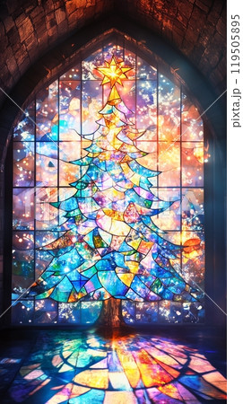 美しいステンドグラス風クリスマスツリー3のイラスト素材 [119505895