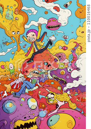 カラフルでポップなモンスターたちのグラフィティアートのイラスト素材