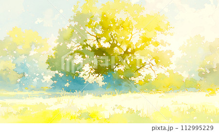 抽象的な明るい草原と樹木のある風景の水彩イラストのイラスト素材
