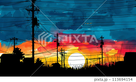 電線がやたら多い町のきれいな夕日のイラスト素材 [113694154] - PIXTA