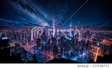 アニメ背景_星空と高層ビルの夜景_03のイラスト素材 [113726773] - PIXTA