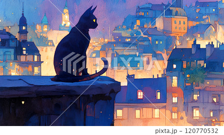 夜の街を眺める黒猫の水彩イラストのイラスト素材 [120770532] - PIXTA