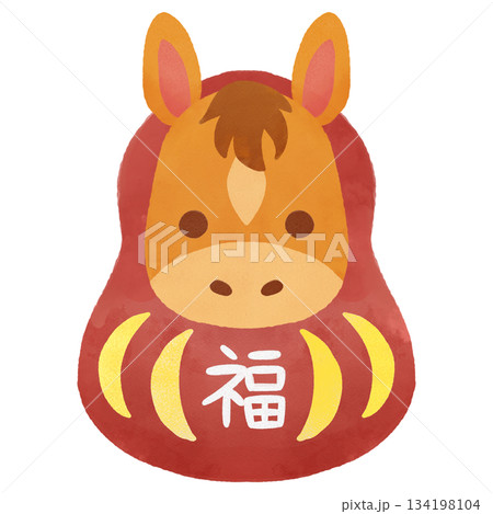 馬 だるま 水彩イラスト 正月 新年 干支 縁起物 和風デザイン素材の
