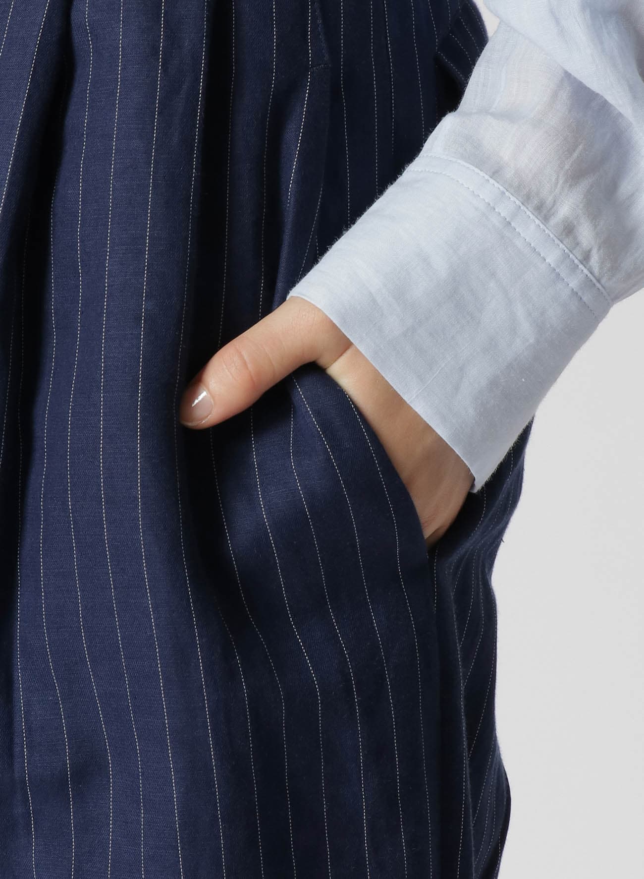 LINEN COTTON PIN-STRIPED UNEVEN DYEING 2 TUCKS PANTS(XS Navy