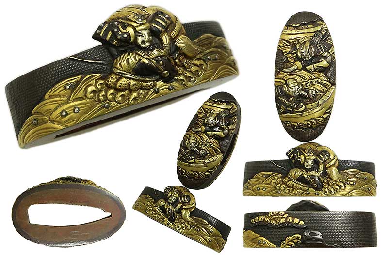 日本刀の縁頭｜赤銅七々子地武者図(源平合戦 一ノ谷の戦い)｜日本刀