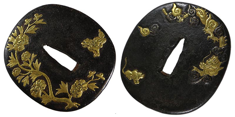 日本刀の鐔・鍔｜鉄地龍虎獅子牡丹図｜無銘「正阿弥」特別貴重小道具