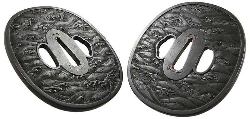 日本刀の鐔・鍔｜赤銅地波濤図 保存刀装具鑑定書附（無銘/京金具師