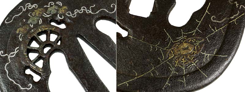 日本刀の鐔・鍔｜鉄地源氏車に蔦蜘蛛図｜日本刀専門店・東京【十拳】