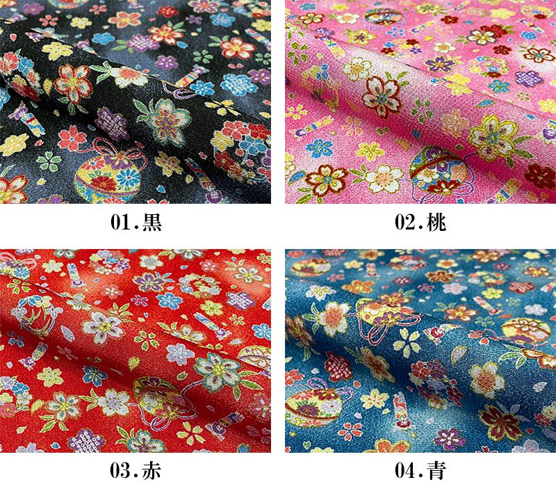 金彩ちりめん生地販売 手毬に人形桜柄の生地通販の都香庵