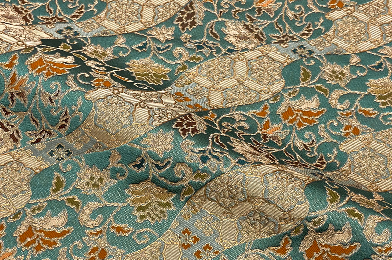 金襴生地販売 道長取り唐花文（薄浅葱）柄の和柄生地通販なら都香庵