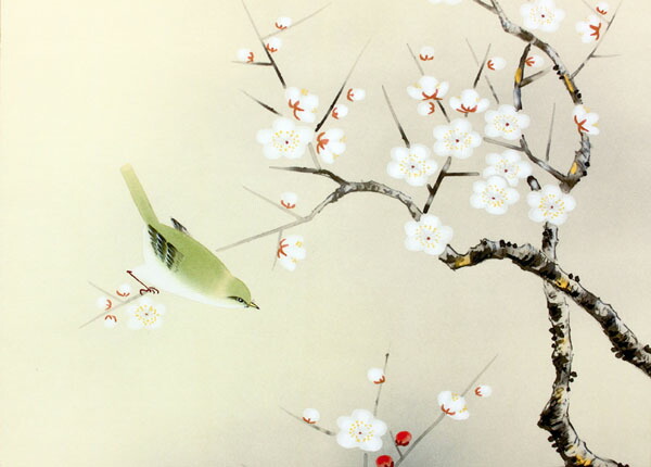 楽天市場】掛け軸 花鳥画 春掛け 田村竹世「紅白梅に鶯」掛軸 高精彩巧