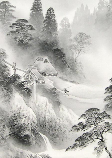 楽天市場】掛け軸 水墨山水 (堀江湖城) （掛軸小物なし） 送料無料