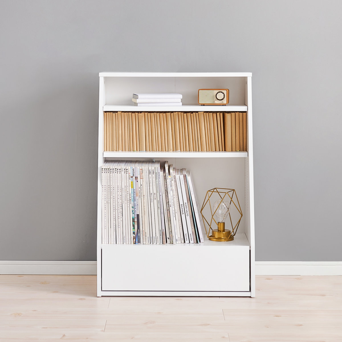 楽天市場】1cmピッチ可動 本棚 幅60cm ロータイプ 可動棚2枚 引出し付