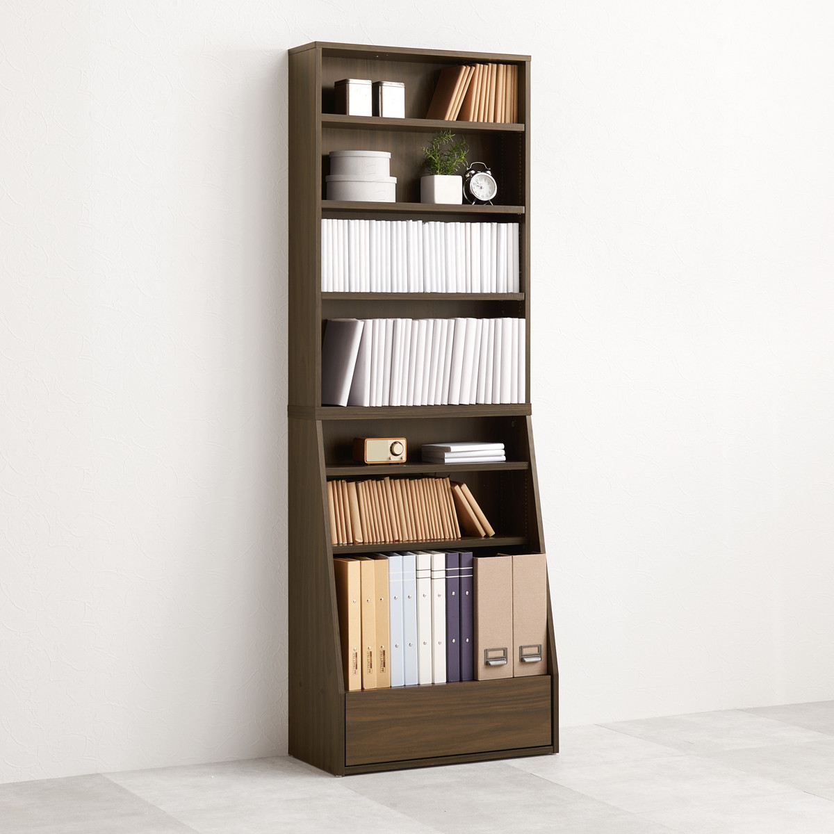 楽天市場】1cmピッチ可動 本棚 幅60cm ハイタイプ 可動棚5枚 引出し付