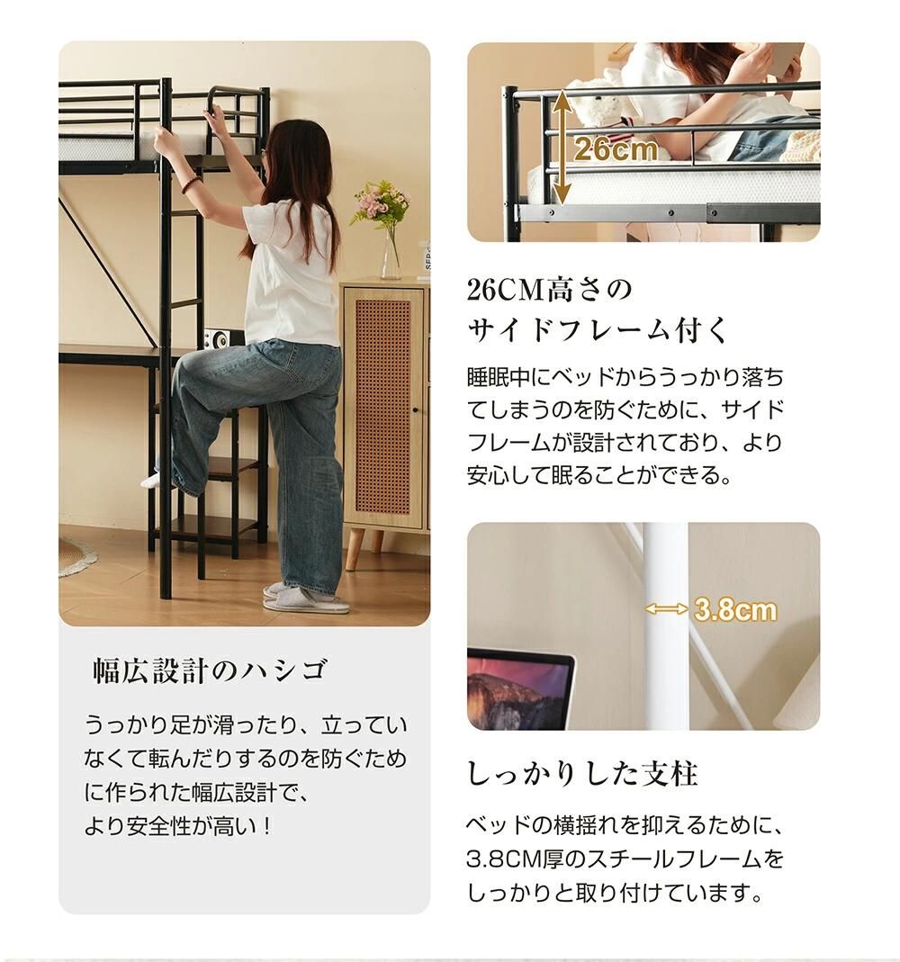 楽天市場】ロフトベッド パイプベッド シングル デスク付き 収納棚